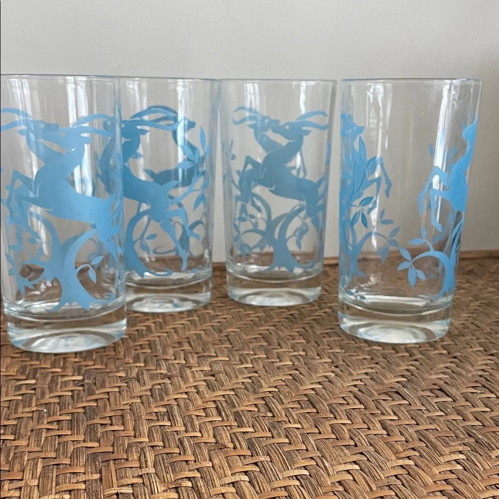 Set of Four Federal MCM Mid Century Leaping Gazelle 5” Blue Glasses-Barware